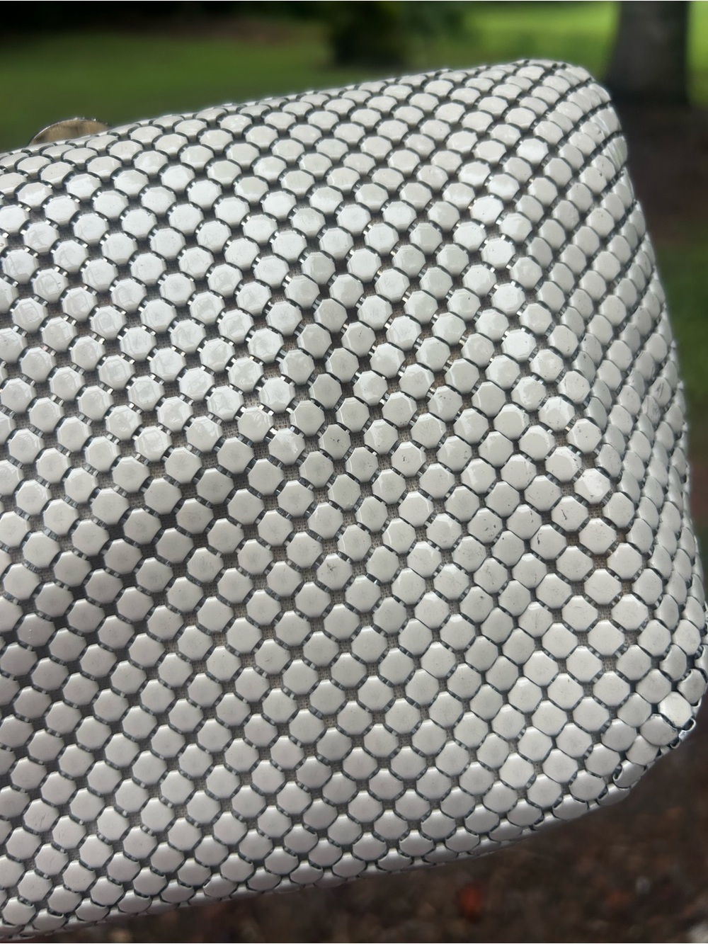 Vintage Whiting & Davis White Enamel Mesh Shoulder Bag Purse Silver Chain USA - Picture 10 of 11